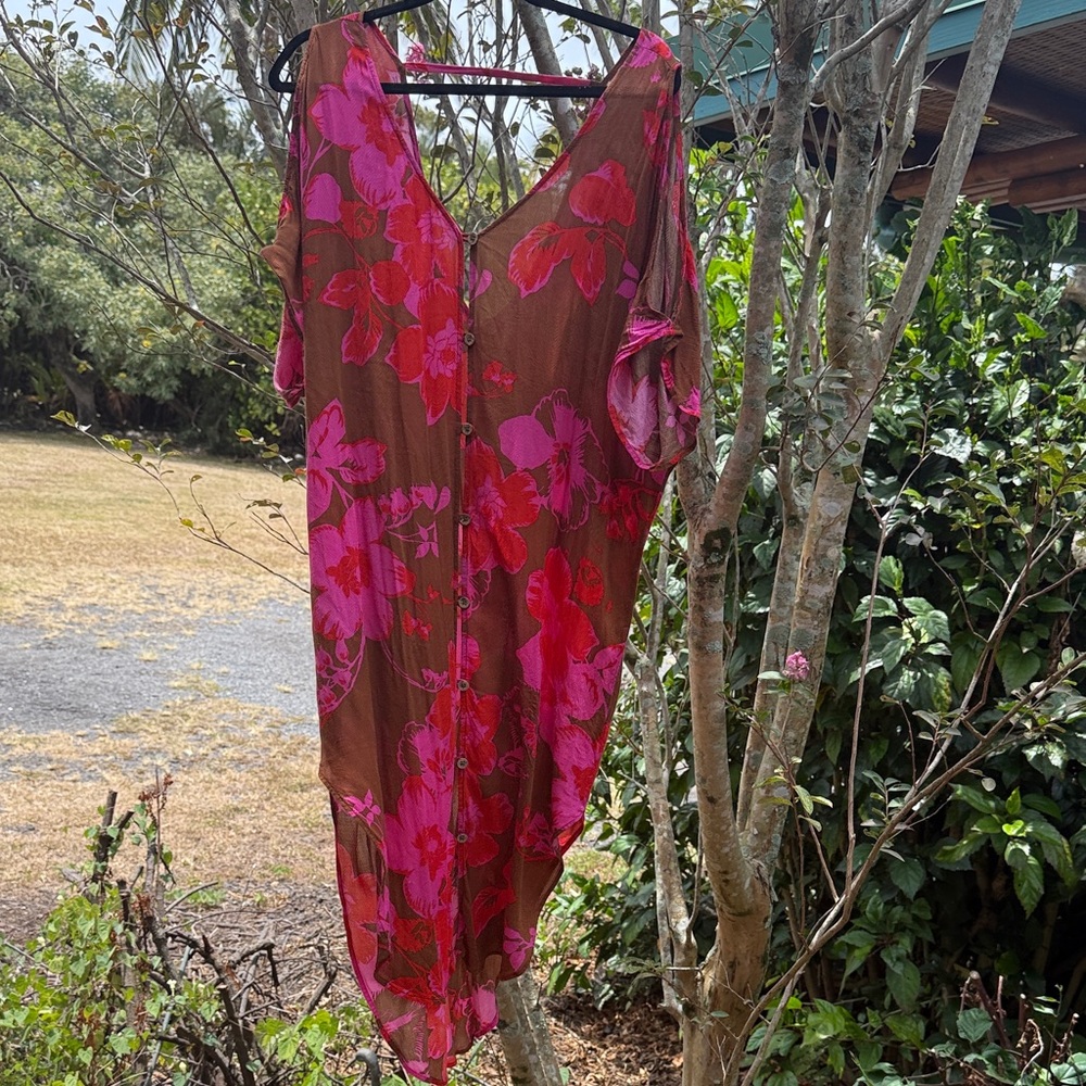 Cabi Floral brown red Tahitian rayon Button-Down Cover-Up XS s